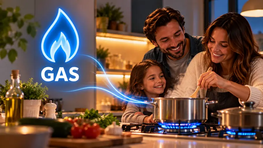 Famiglia che cucina sui fornelli a gas