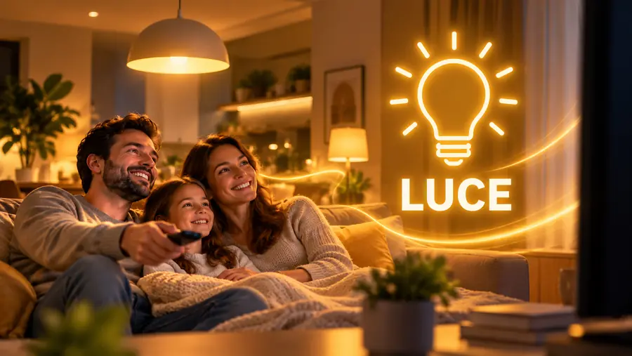 Famiglia sul divano in un soggiorno illuminato